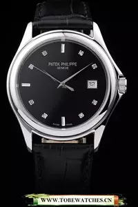 Patek Philippe Geneve Calatrava Crystal Studded Hour Marker Black Dial Black Leather Strap En58231
