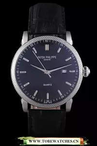 Patek Philipe Calatrava Stainless Steel Ribbed Bezel Black Leather Bracelet En59424