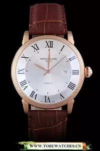 Patek Philipe Calatrava Roze Gold Ribbed Bezel Brown Leather Bracelet En59427