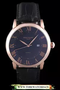 Patek Philipe Calatrava Roze Gold Polished Bezel Black Leather Bracelet En59428