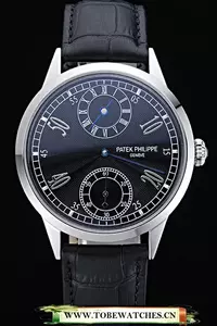Patek Philippe Geneve Two Dial Black Dial Stainless Steel Bezel Black Leather Band En60044