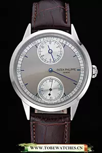 Patek Philippe Geneve Two Dial Gray Dial Stainless Steel Bezel Brown Leather Band En60046