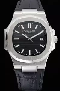 Patek Philippe Nautilus Black Dial Brushed Stainless Steel Case Black Leather Strap En121408