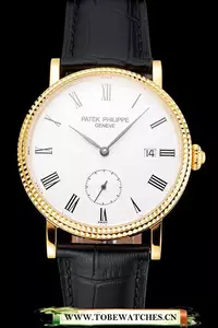 Patek Philippe Calatrava White Dial Gold Case Fluted Bezel Black Leather Strap En121582