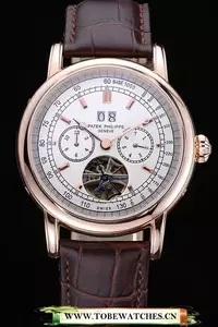Patek Philippe Geneve Grand Complications White Dial Tourbillon Rose Gold Bezel Brown Band En118607