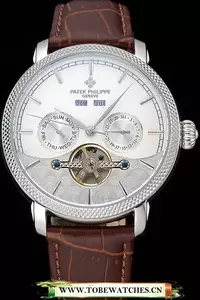 Patek Philippe Day Date Tourbillon White Dial Stainless Steel Case Embossed Bezel Brown Leather Strap En120814