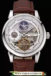 Patek Philippe Dual Time Moonphase Tourbillon White Skeletonised Dial Stainless Steel Case Brown Leather Strap En121078