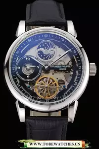 Patek Philippe Dual Time Moonphase Tourbillon Black Skeletonised Dial Stainless Steel Case Black Leather Strap En121079