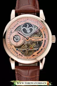 Patek Philippe Dual Time Moonphase Tourbillon Gold Skeletonised Dial Rose Gold Case Brown Leather Strap En121081