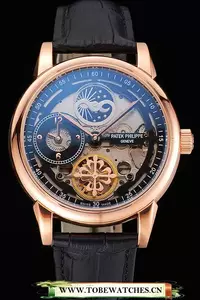Patek Philippe Dual Time Moonphase Tourbillon Black Skeletonised Rose Gold Case Black Leather Strap En121082