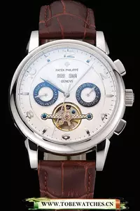 Patek Philippe Perpetual Calendar Tourbillon White Dial Stainless Steel Case Brown Leather Strap En121083