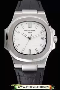 Patek Philippe Nautilus White Dial Brushed Stainless Steel Case Black Leather Strap En121409