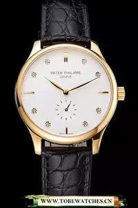 Patek Philippe Calatrava White Dial Diamond Markings Gold Case Black Leather Strap En121935
