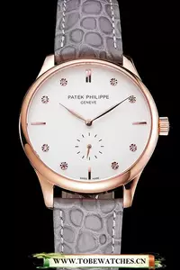 Patek Philippe Calatrava White Dial Diamond Markings Rose Gold Case Gray Leather Strap En121941