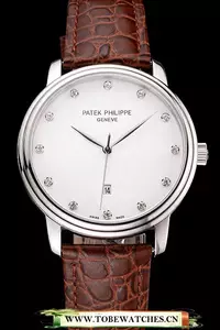 Patek Philippe Calatrava Date White Dial Stainless Steel Case Brown Leather Strap En121949