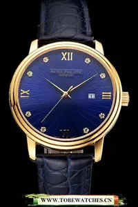 Patek Philippe Calatrava Date Blue Embossed Dial Gold Case Blue Leather Strap En121956