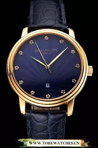Patek Philippe Calatrava Date Blue Guilloche Dial Gold Case Blue Leather Strap En121958