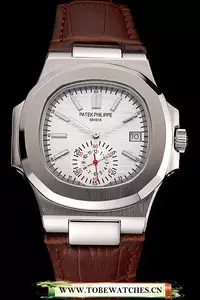 Patek Philippe Nautilus White Dial Stainless Steel Case Brown Leather Strap En121965
