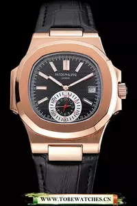 Patek Philippe Nautilus Black Dial Rose Gold Case Black Leather Strap En121969