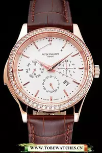 Patek Philippe Grand Complications Perpetual Calendar White Dial Rose Gold Case Diamond Bezel Brown Leather Strap En121986