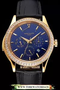 Patek Philippe Grand Complications Perpetual Calendar Blue Dial Gold Case Diamond Bezel Black Leather Strap En121987