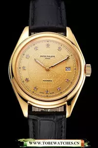 Patek Philippe Calatrava Gold Dial Diamond Markings Gold Case Black Leather Strap En121989