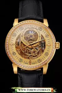 Patek Philippe Complications Openworked Dial Gold Case Diamond Bezel Black Leather Strap En122000
