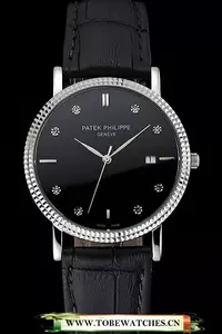 Patek Philippe Calatrava Black Dial Diamond Hour Marks Ribbed Bezel Stainless Steel Case Black Leather Strap En122468