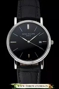 Patek Philippe Calatrava Black Dial Ribbed Bezel Stainless Steel Case Black Leather Strap En122470