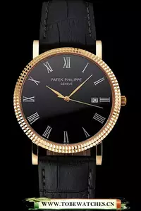 Patek Philippe Calatrava Black Dial Roman Numerals Ribbed Bezel Gold Case Black Leather Strap En122473