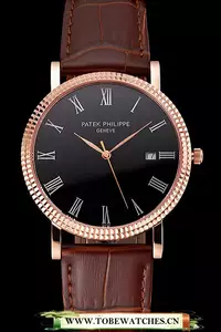 Patek Philippe Calatrava Black Dial Roman Numerals Ribbed Bezel Rose Gold Case Brown Leather Strap En122474