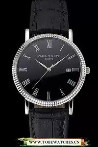 Patek Philippe Calatrava Black Dial Roman Numerals Ribbed Bezel Stainless Steel Case Black Leather Strap En122475