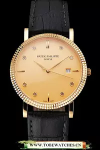 Patek Philippe Calatrava Gold Dial Diamond Hour Marks Ribbed Bezel Gold Case Black Leather Strap En122476