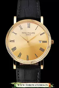 Patek Philippe Calatrava Gold Dial Roman Numerals Ribbed Bezel Gold Case Black Leather Strap En122479
