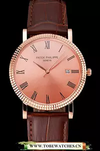 Patek Philippe Calatrava Rose Gold Dial Roman Numerals Ribbed Bezel Rose Gold Case Brown Leather Strap En122480