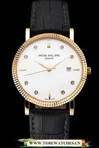 Patek Philippe Calatrava White Dial Diamond Hour Marks Ribbed Bezel Gold Case Black Leather Strap En122482