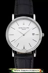 Patek Philippe Calatrava White Dial Ribbed Bezel Stainless Steel Case Black Leather Strap En122484