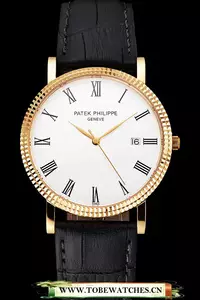 Patek Philippe Calatrava White Dial Roman Numerals Ribbed Bezel Gold Case Black Leather Strap En122487