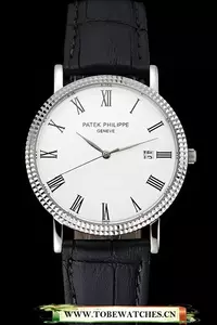Patek Philippe Calatrava White Dial Roman Numerals Ribbed Bezel Stainless Steel Case Black Leather Strap En122488