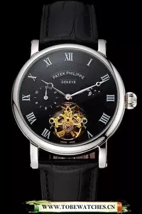 Patek Philippe Complications Moonphase Tourbillon Black Dial Stainless Steel Case Black Leather Strap En122618