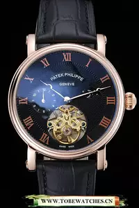 Patek Philippe Complications Moonphase Tourbillon Black Dial Rose Gold Case Black Leather Strap En122620