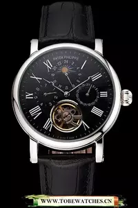 Patek Philippe Grand Complications Moonphase Perpetual Calendar Tourbillon Black Dial Stainless Steel Case Black Leather Strap En122622