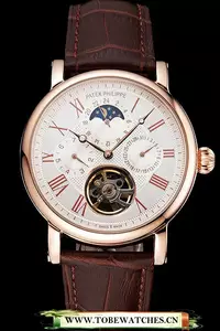Patek Philippe Grand Complications Moonphase Perpetual Calendar Tourbillon White Dial Rose Gold Case Brown Leather Strap En122623