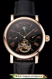 Patek Philippe Grand Complications Moonphase Perpetual Calendar Tourbillon Black Dial Rose Gold Case Black Leather Strap En122624