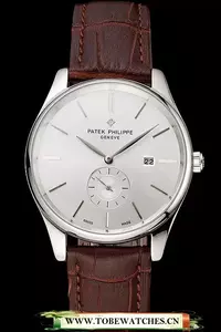 Patek Philippe Calatrava Date Silver Dial Stainless Steel Case Brown Leather Strap En122626