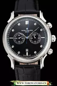 Patek Philippe Chronograph Black Dial With Diamonds Stainless Steel Case Black Leather Strap En122952