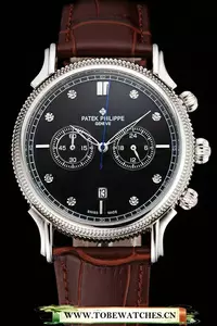 Patek Philippe Chronograph Black Dial With Diamonds Stainless Steel Case Brown Leather Strap En122953