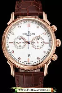 Patek Philippe Chronograph White Dial With Diamonds Rose Gold Case Brown Leather Strap En122960
