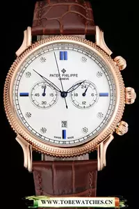 Patek Philippe Chronograph White Dial With Blue And Diamond Markings Rose Gold Case Brown Leather Strap En122963