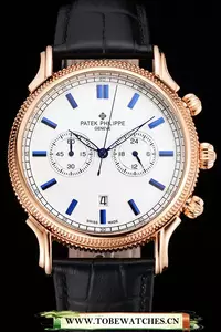 Patek Philippe Chronograph White Dial Blue Markings Rose Gold Case Black Leather Strap En122964